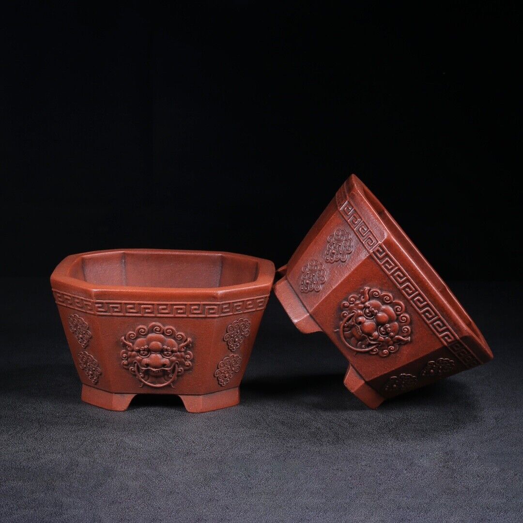 Chinese Yixing Zisha Clay Handmade Exquisiteflowerpot (a pair) （花盆（一对） 底款：铁画轩）