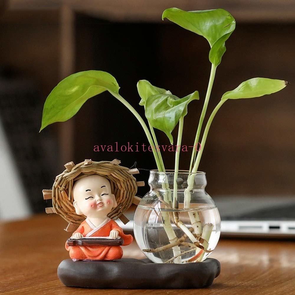 Chinese Straw Hat Monk Buddha Statue Flower Pot Hydroponic Glass Vase Home