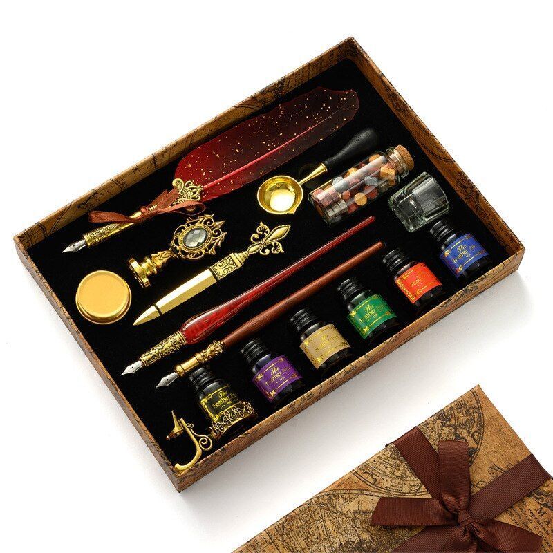 Wax Stamps Seal Feather Dip Quill Ink Gift Calligraphy Sealing Kits 2 3 Pen Sets
