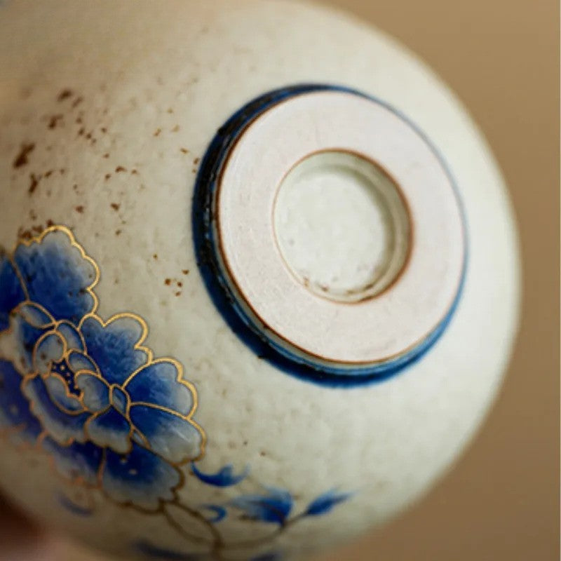 Gold Blue Peony Teacup Handmade Tea Bowl Tea-tasting Personal Cup Master Cups
