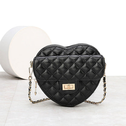 Small Mini Quilted Sheepskin Leather Heart Bag Clutch Shoulder Purse w/ Chain