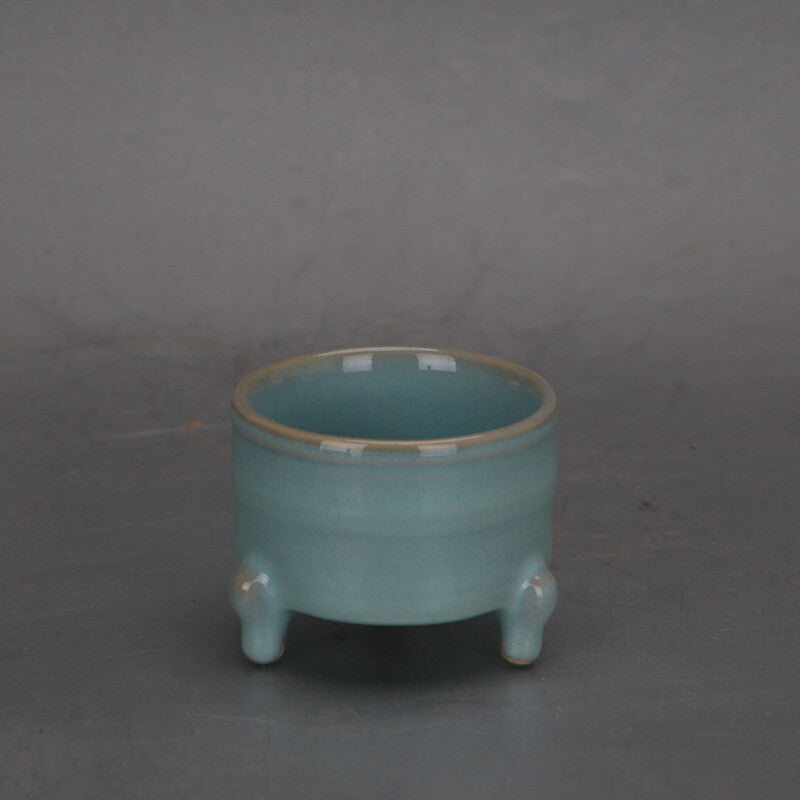 2.4" collection Chinese Song Ru Kiln Porcelain Celeste Glaze Three Foot Cup