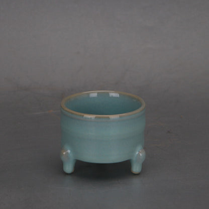 2.4" collection Chinese Song Ru Kiln Porcelain Celeste Glaze Three Foot Cup