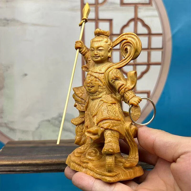 Cliff Cypress Wood Nezha Mythical Figure Statue Solid Wood Carving Home Decor