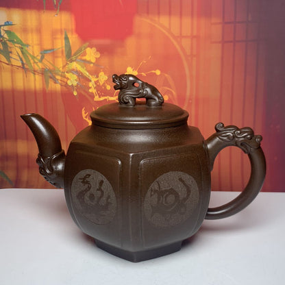 Vintage Chinese Yixing Purple Clay Teapot Zisha Ceramic Carving Beast Tea Set
