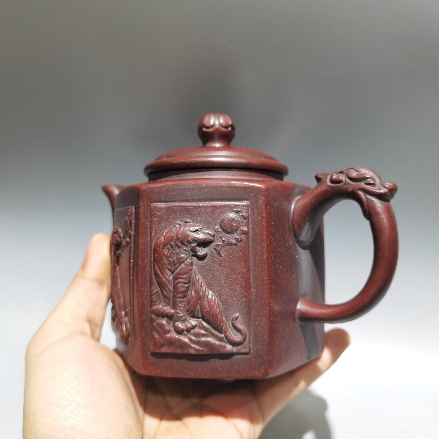 Vintage Chinese Yixing Purple Clay Teapot Zisha Ceramic Carving Tiger Teaware