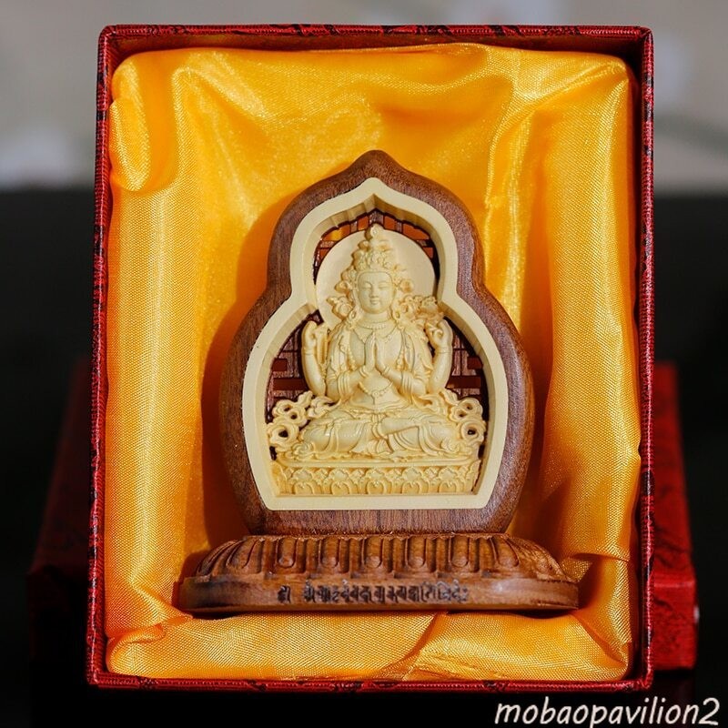 Buddhism Talisman Four Armed Guanyin Buddha Talisman Wood Carving Buddha Statue