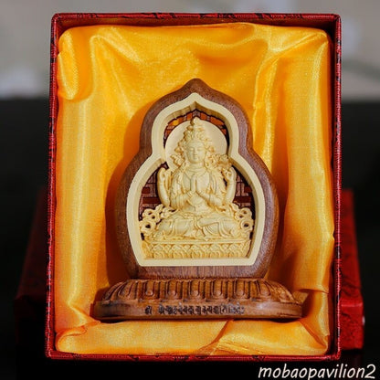 Buddhism Talisman Four Armed Guanyin Buddha Talisman Wood Carving Buddha Statue