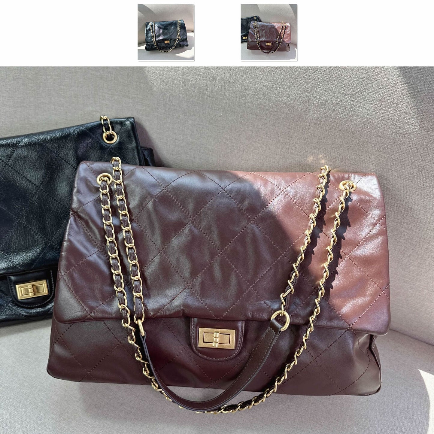 33/39cm Large Quilted Real Leather Flap Purse Shoulder Bag Chain Handbag Fashion