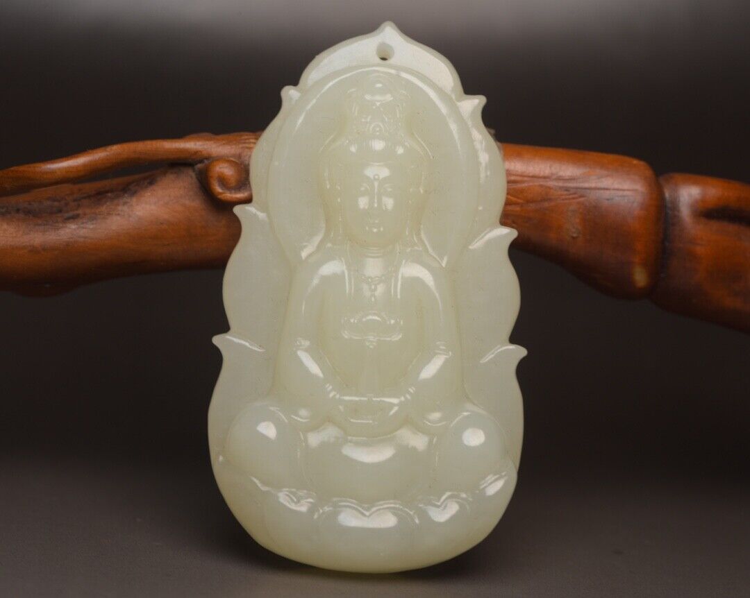 Top Chinese Natural Hetian Jade Carved Exquisite Guanyin Statue Pendant Jewelry