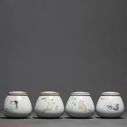 Ru Kiln Ceramics Tea Caddy Cute Cat Pattern Sealed Tea Leaf Container
