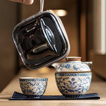 Portable Tea Set Travelling Bag Blue-and-white Porcelain Tea Cup Glass Pot Lid
