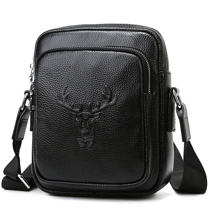 100% Genuine Leather Men's 8" Business Bags Black Sling Shoulder Messenger Bag