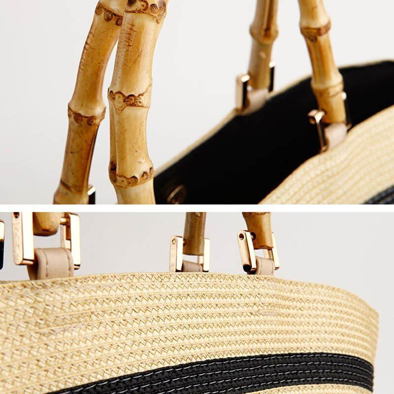 Fashion Bag Shoulder Striped Straw Bamboo Handle Handbag Woven Bags Purse Hasp