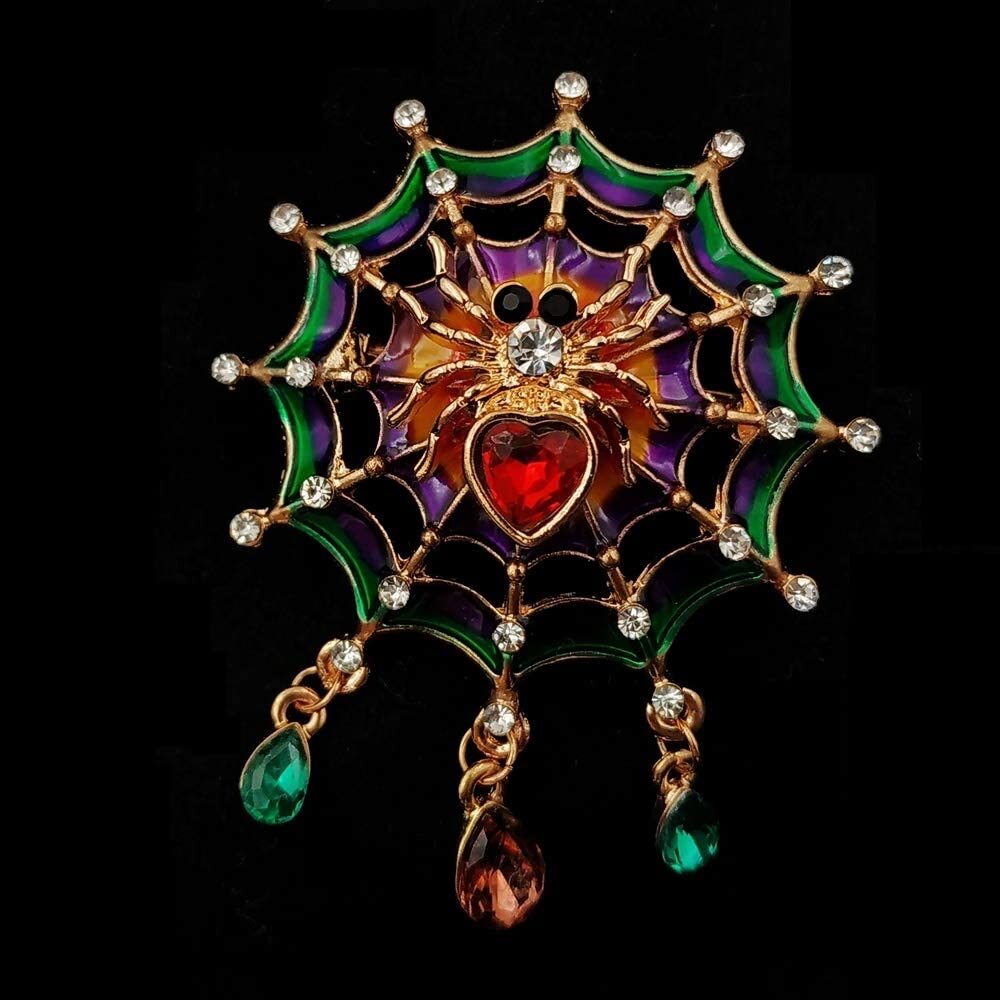 1.57" Colorful Enameled Web Red Heart Spider Brooch Pin Teardrop Short Tassel