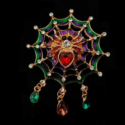 1.57" Colorful Enameled Web Red Heart Spider Brooch Pin Teardrop Short Tassel