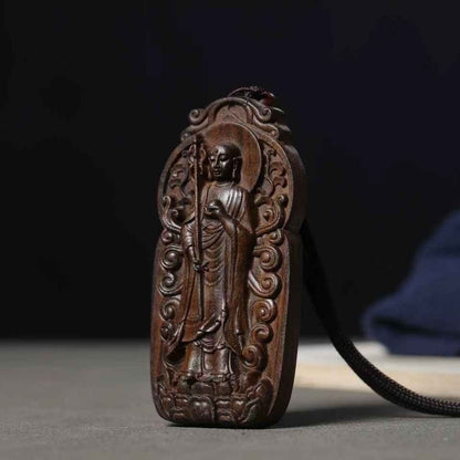 Agarwood Ksitigarbha Buddha Wood Carving Pendant | Buddhist Amulet