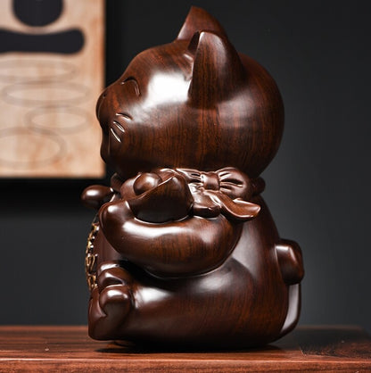Solid Chinese Ebony Wood Statue Lucky Money Cat Feng Shui Amulet Decor