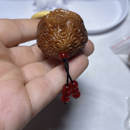 Natural Olive Nut Hand Carved Zen Toad Statue Pendant Bead Chain Frog