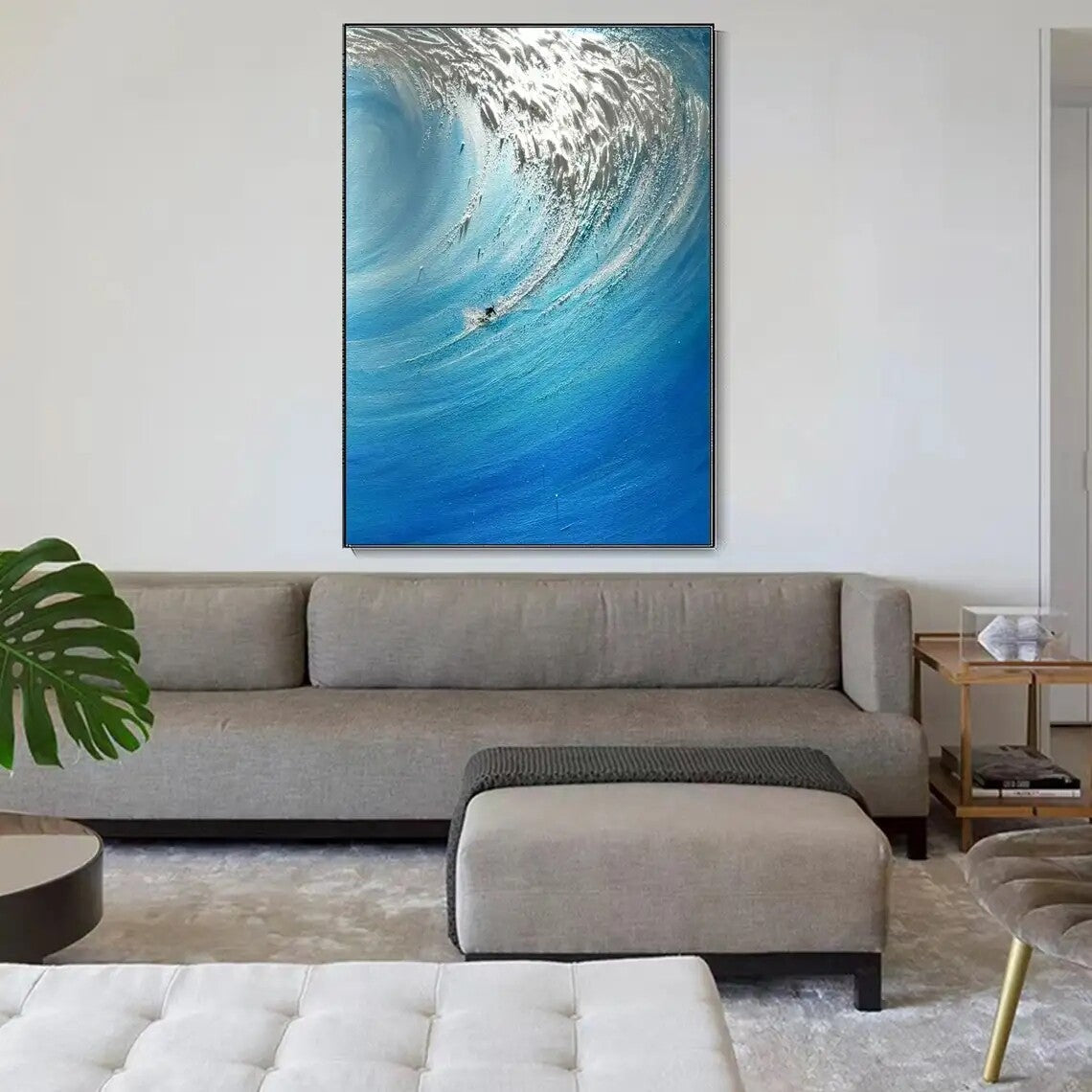 Hand-Painted Surfers Sea Sports Impasto Art Oil Painting Original Blue White