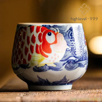 120ml Chinese Blue and White Ceramic Handpainted Koi Fish Tea Cup Master Cup
