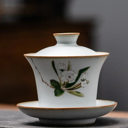 Chinese Retro Ru Kiln Tea Tureen Teacup Handmade Flower and Bird Ceramic Gaiwan