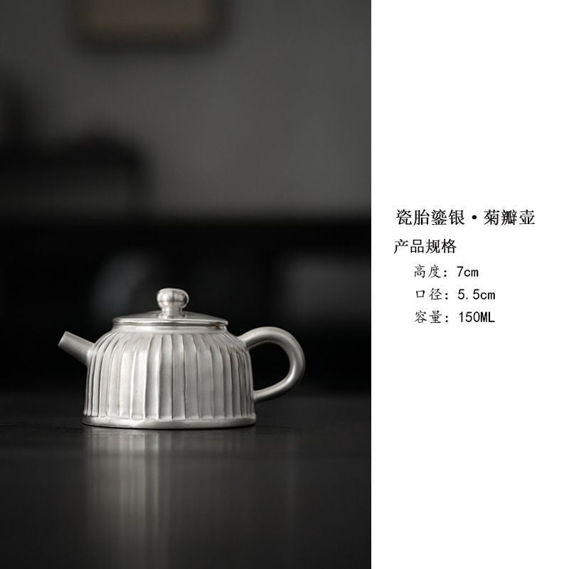 999 Silver Plated Ceramic Teapot Chrysanthemum Petal Kung Fu Tea Pot 150ml