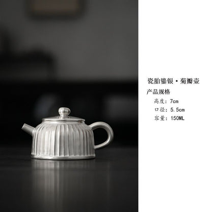 999 Silver Plated Ceramic Teapot Chrysanthemum Petal Kung Fu Tea Pot 150ml
