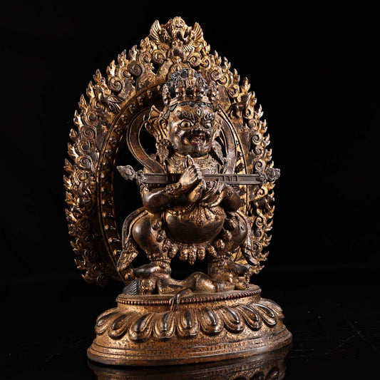 8.7" China Old Tibet Tibetan Buddhism Temple Bronze Gilt Mahakala Buddha Statue