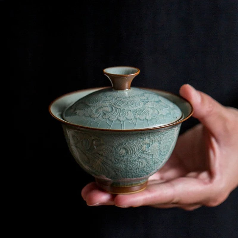 Glazed Relief Peony Gaiwan Tea Tureen Tea Cover Bowl Chinese Tea Set Craft