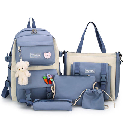 5Pcs Women Girls School Bag Backpack Kawaii Student Bookbag Rucksack Waterproof