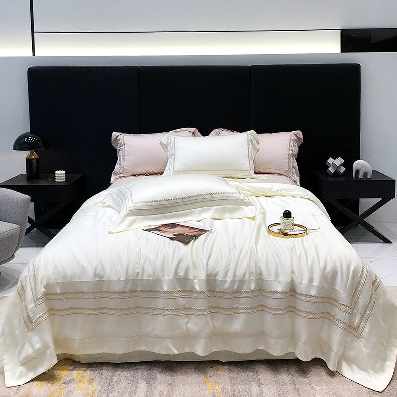 Bedding Set 4pcs Silk Cotton Embroidery Duvet Cover Flat Sheet 2 Pillowcases