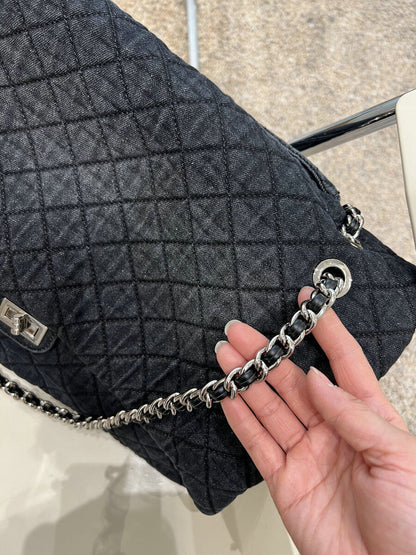 Large Quilted Denim Shoulder Bag Flap Purse Double Chains Hobo Fashion Tote