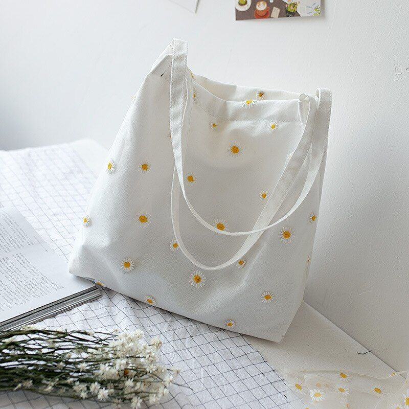 Small Canvas Bag Handbag Casual Daisy Crochet Cute Mesh Shoulder Bag Shopping