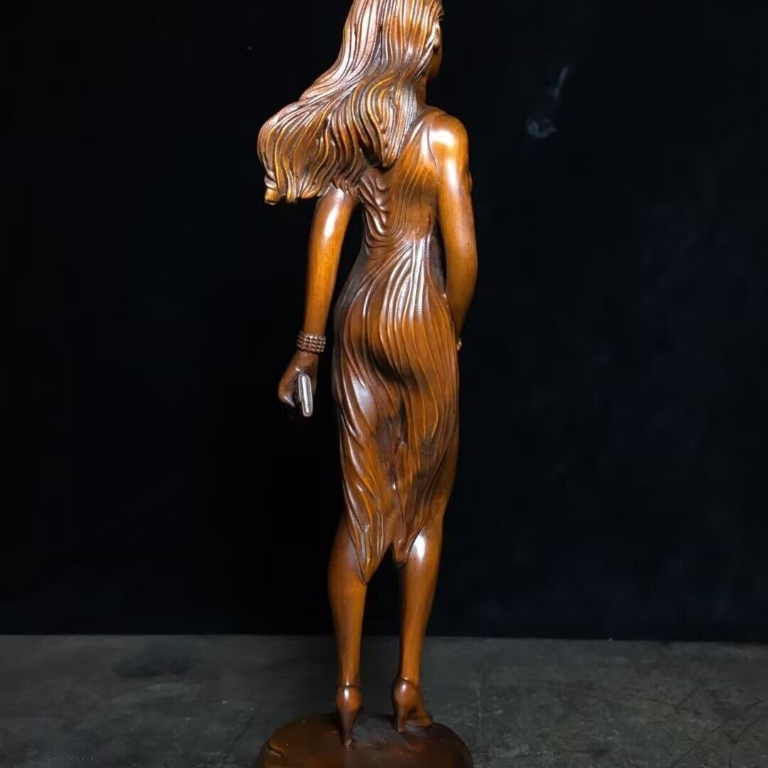 8.7" Old Boxwood Carved Beauty Lady Girl Statue Figurine Model Artwork Collect