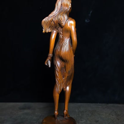 8.7" Old Boxwood Carved Beauty Lady Girl Statue Figurine Model Artwork Collect