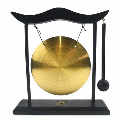 Feng Shui Brass Gongs Desktop Zen Art Fortune Decor Wooden Stands 8x7.5x2 Inch