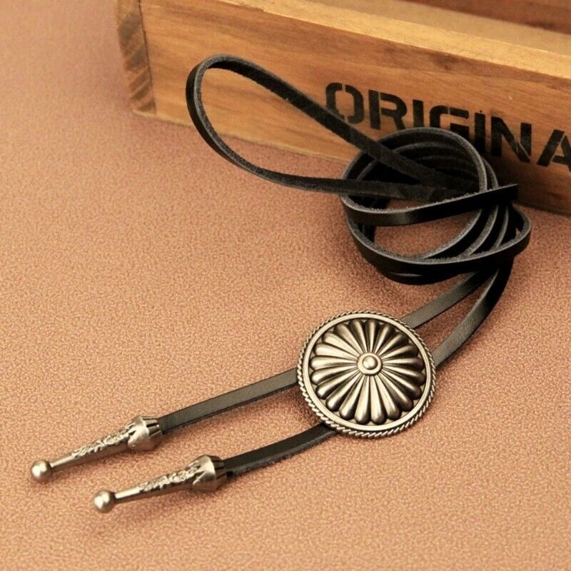 Bolo Tie Necklace Alloy Leather Sweater Chain Western Round Cowboy Necktie 100cm
