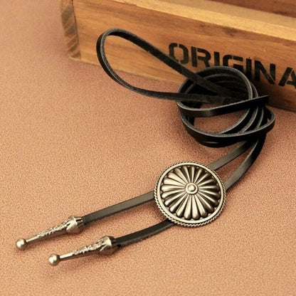 Bolo Tie Necklace Alloy Leather Sweater Chain Western Round Cowboy Necktie 100cm