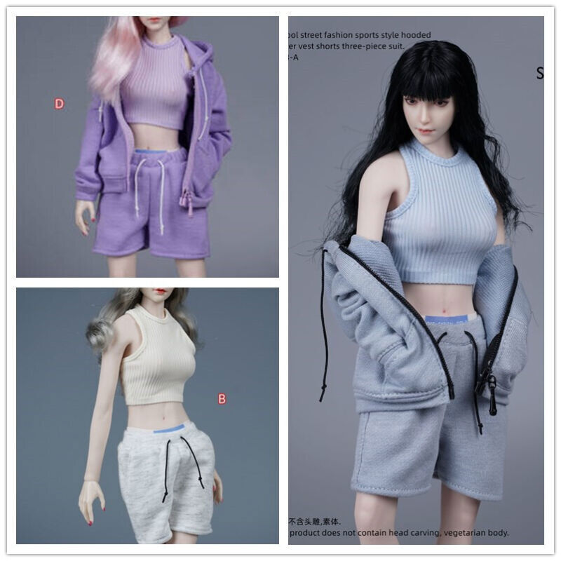 1/6 Female Sports Style Hooded Sweatshirt Tank Top Shorts F 12”ph Action Body