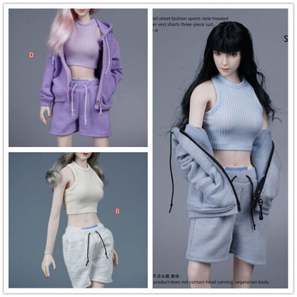 1/6 Female Sports Style Hooded Sweatshirt Tank Top Shorts F 12”ph Action Body