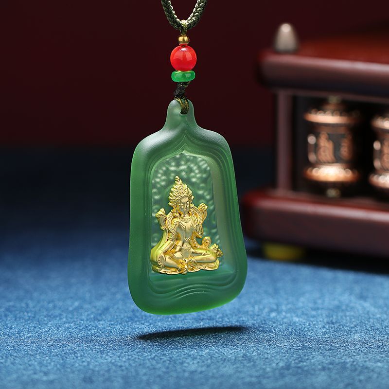 5CM Colored Glass Buddhist Pendant Green Tara Buddha Statue Pendant Necklace