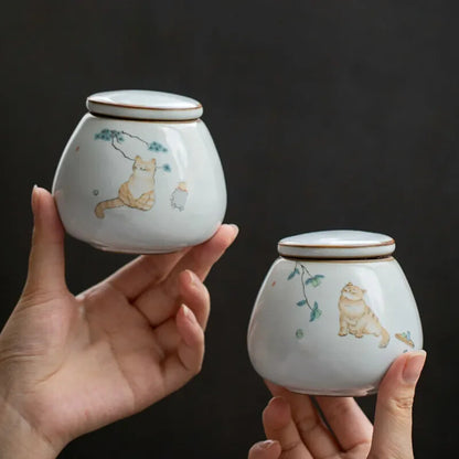 Ru Kiln Ceramics Tea Caddy Cute Cat Pattern Sealed Tea Leaf Container