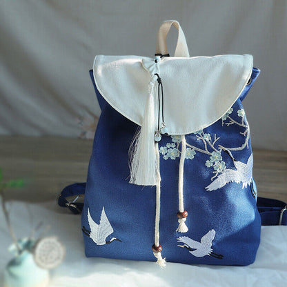 Canvas Embroidered Flower Backpack Tassel Casual Bundle Girls Mouth Bag Womens