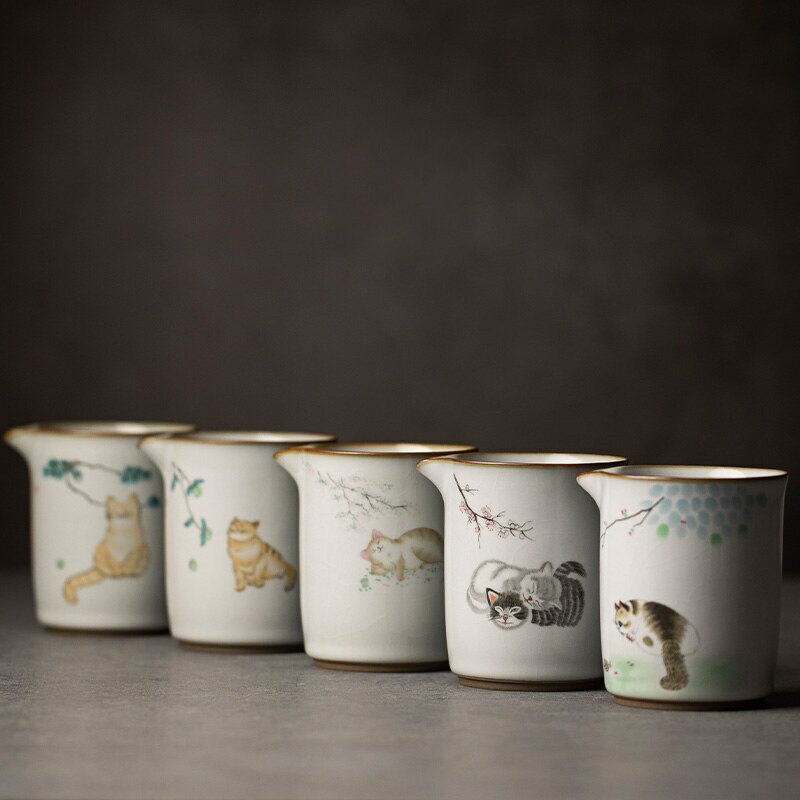 300Ml Chinese Ceramic Fair Cup Chahai Cat Pattern Kung Fu Tea Set Accessories