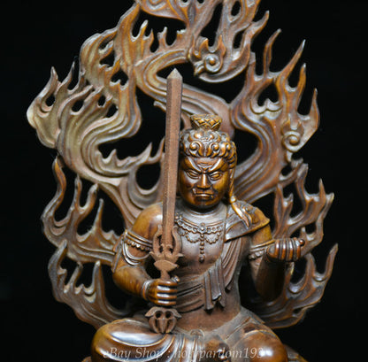 7" Old China Boxwood Wood Carving Japanese Fudo Myo-o Acalanatha Sword Statue