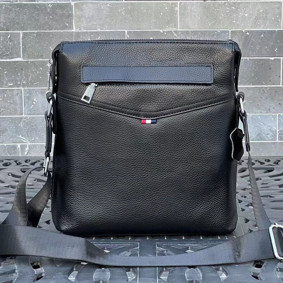 100% Genuine Leather Men's 10" Business Bags Black Sling Shoulder Messenger Bag