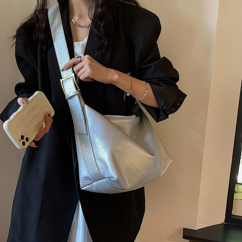 Silver Soft Hobo Bags Fashion Leather Handbags Purse Crossbody Bag 35*31*21*14CM