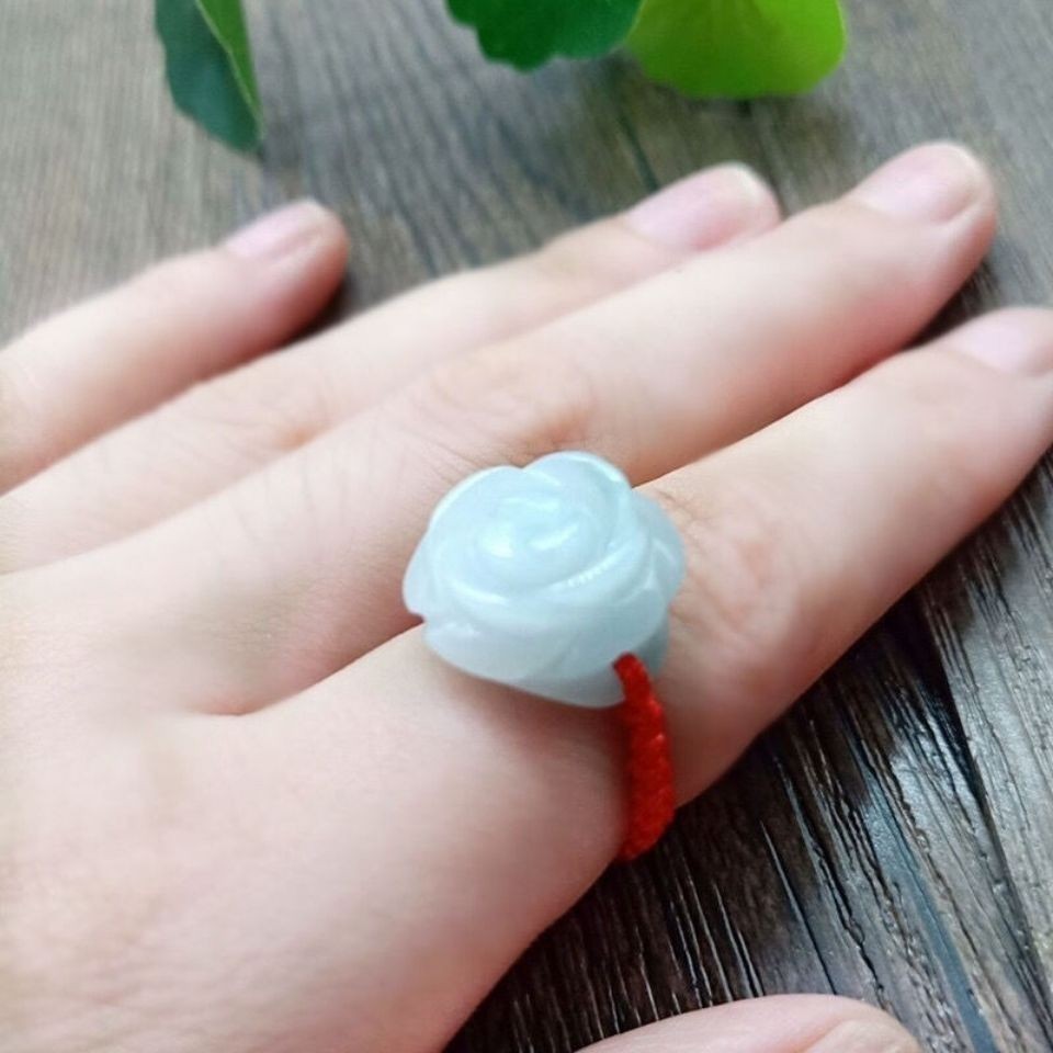 Natural Grade A Jadeite Rose Ring Handmade Red Rope Jade Ring For Women