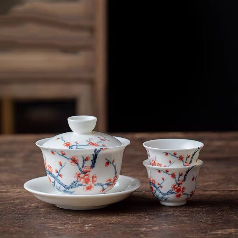 Jingdezhen Ceramic Gaiwan Mutton Jade Porcelain Tureen Matching Tea Cup Pitcher